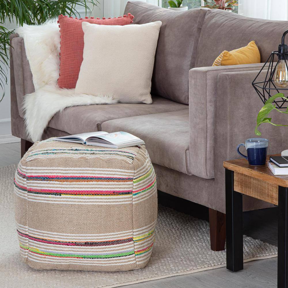 Soulard Handmade Beige & Multicolor Square Pouf Ottoman