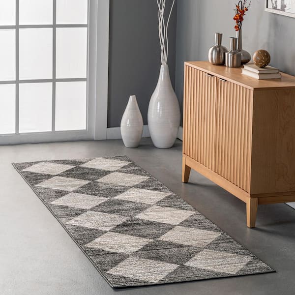 Gianna Contemporary Geometric Checker Tile Gray 2 ft. 8 in. x 8 ft. Runner Rug