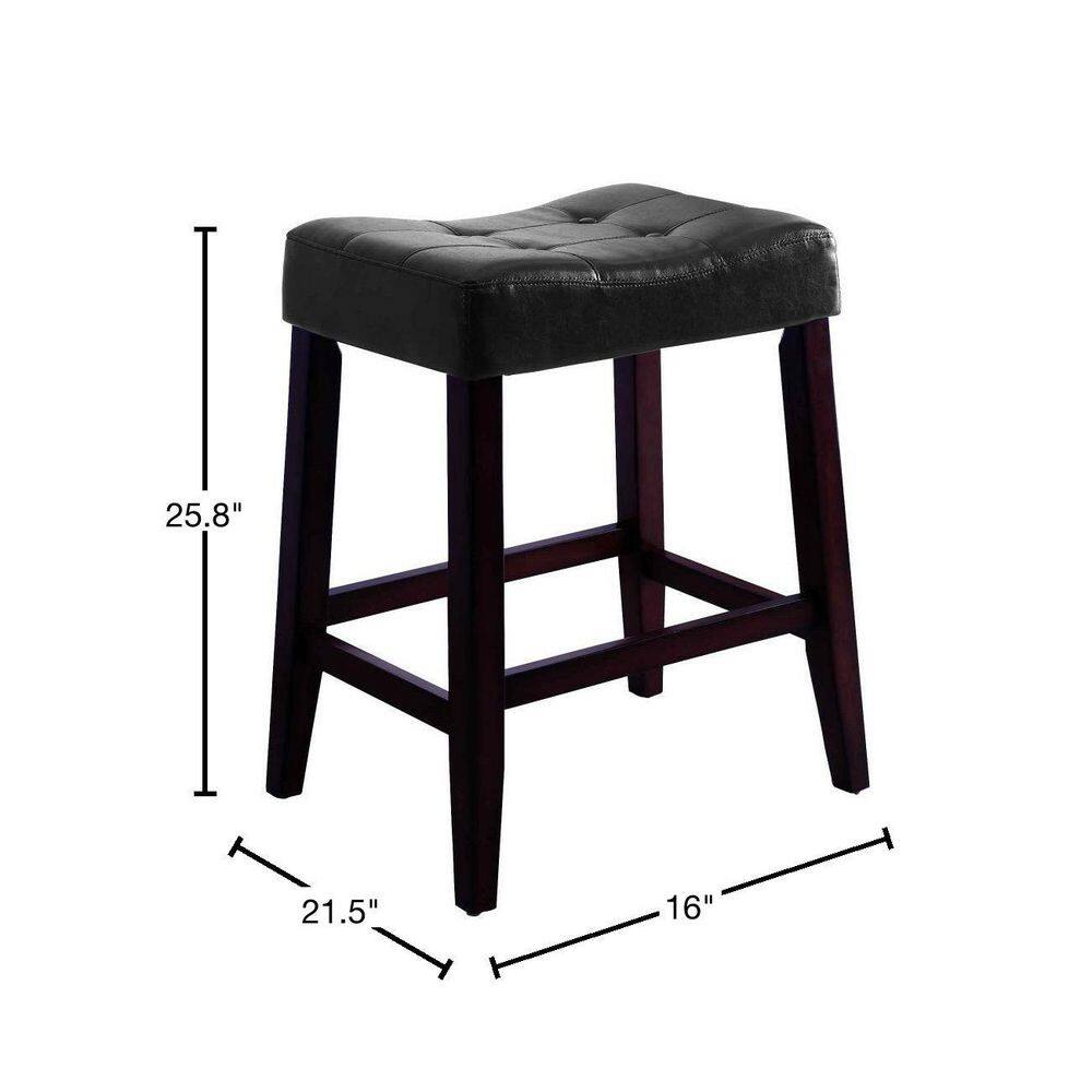 Black and Brown Button Tufted Saddle Seat Wooden Stools, Set of 2