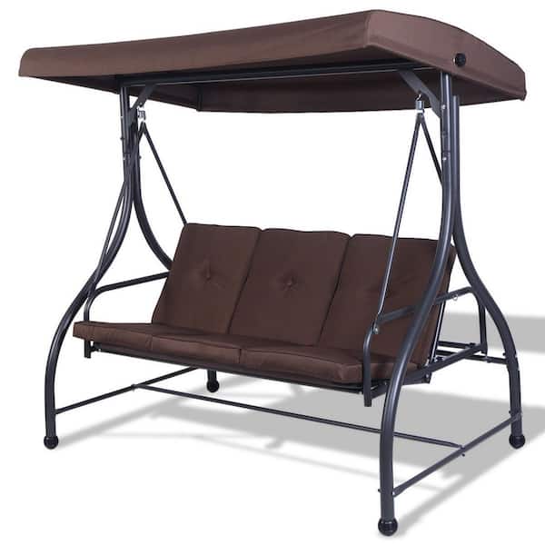 Unbranded 3-Person Metal Outdoor Patio Swing Hammock with Adjustable Canopy and Brown Cushions
