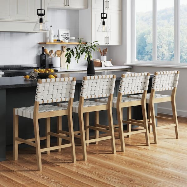 Cohen 24 in. Off White Upholstered Back Solid Wood Frame Counter Stool with Woven Faux Leather Seat (Set of 4)