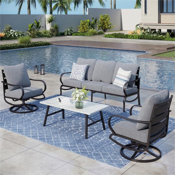 PHI VILLA Metal 5 Seat 4-Piece Steel Outdoor Patio Conversation Set With Swivel Chairs, Gray Cushions, Marble Pattern Table
