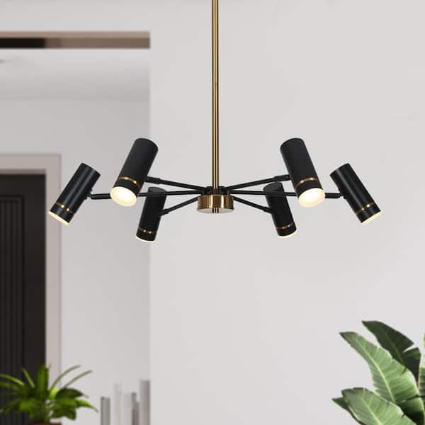 Modern 6-light Black Integrated LED Sputnik Chandelier Lighting for Dining Room, Brass Pendant Light with Cylinder Shade