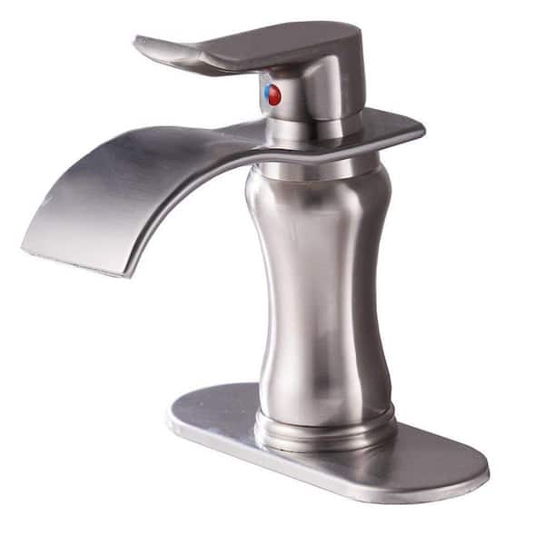 Fapully Waterfall Single Hole Low-Arc Bathroom Faucet with Deck Plate in Brushed Nickel