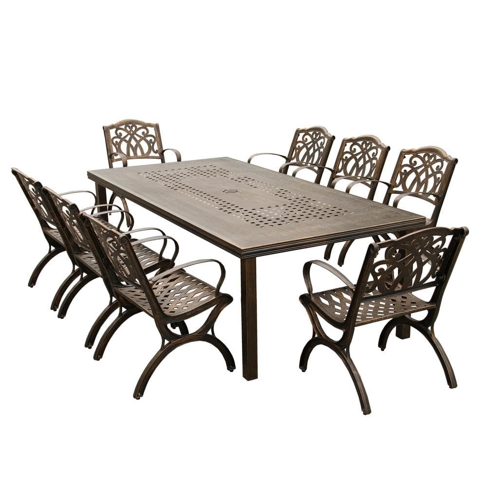 Bronze 9-Piece Aluminum Rectangular Mesh Outdoor Dining Set with 8 Chairs
