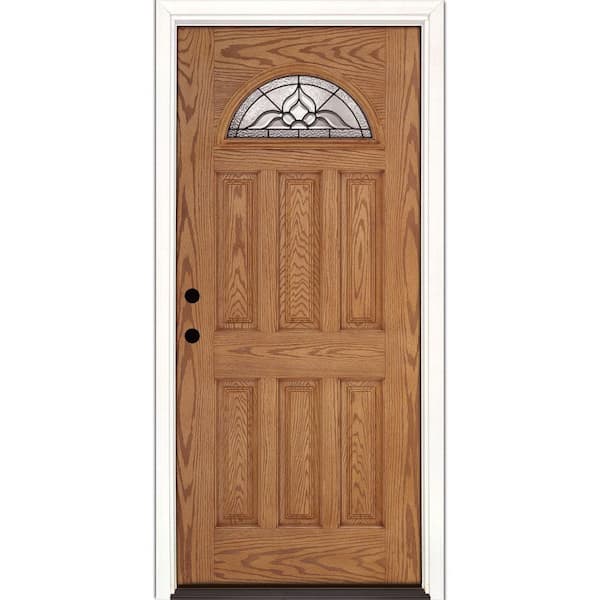 Feather River Doors 37.5 in. x 81.625 in. Lakewood Patina Fan Lite Stained Light Oak Right-Hand Inswing Fiberglass Prehung Front Door