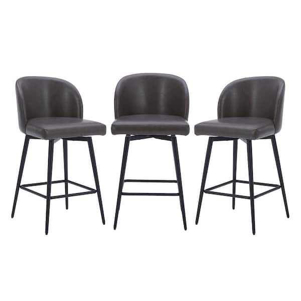 26 in. Cynthia Gray High Back Metal Swivel Counter Stool with Faux Leather Seat (Set of 3)