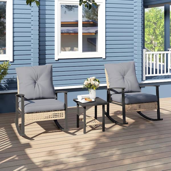 3 Piece Rocking Wicker Outdoor Bistro Set, Rattan Patio Furniture Set with Cushions in Gray
