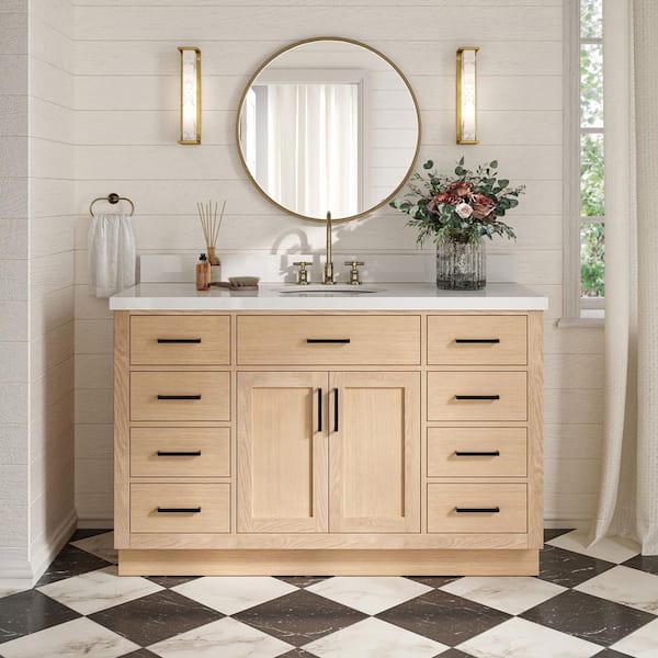 Hepburn 54 in. Single Sink Freestanding Bathroom Vanity in Oak with Pure White Quartz Top