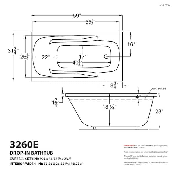 Universal Tubs C 59 In Rectangular Drop Air Bath Tub White, Bathtub Framing Rough In Dimensions