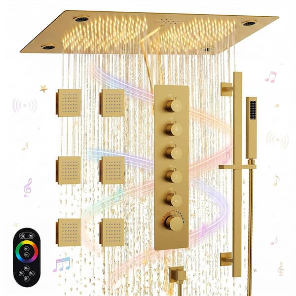 Aurora 28 in. Mood Light Speaker 6-Jet Shower System with Handheld, Thermostatic Valve in Brushed Gold