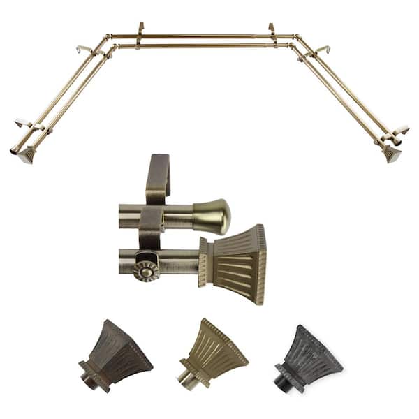 EMOH 13/16" Dia Adjustable 20"-36", 38"-72" Bay Window Double Curtain Rod with Mateo Finials in Antique Brass