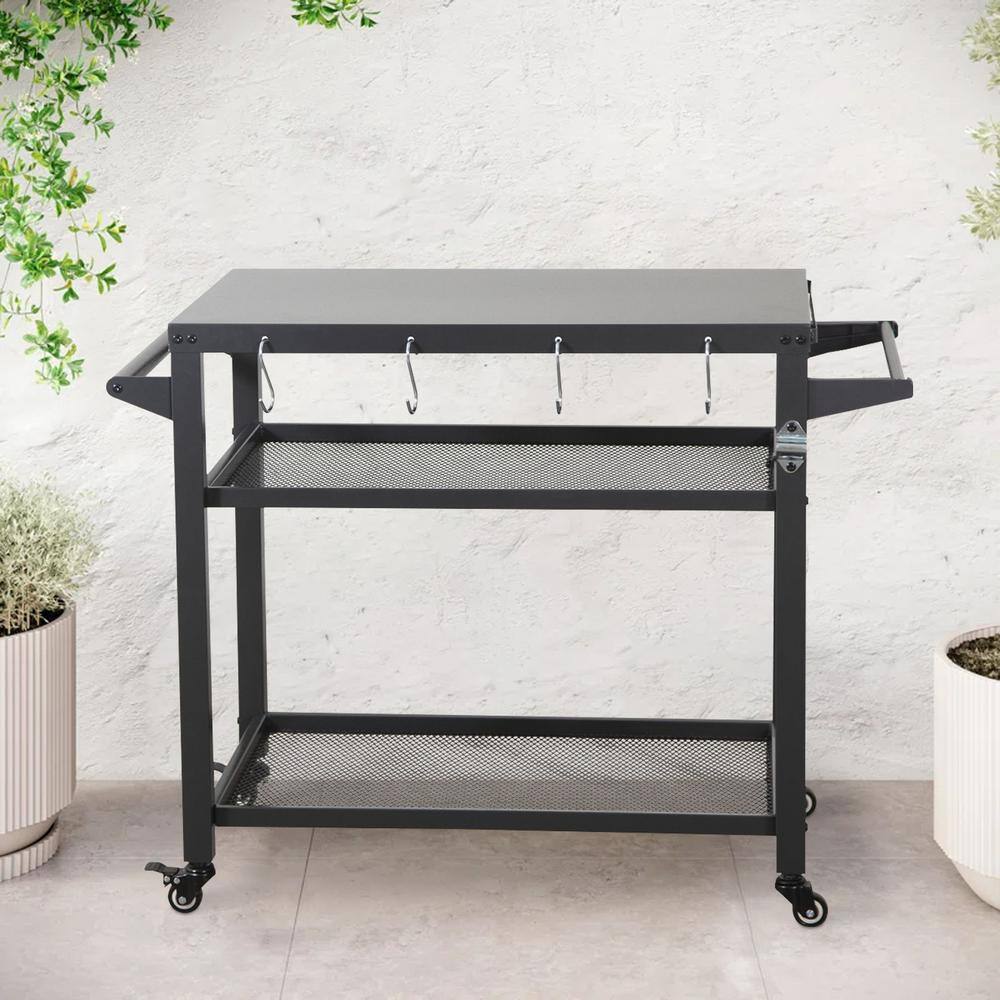 Gray Stainless Steel 3-Shelf Outdoor Grill Cart with Wheels