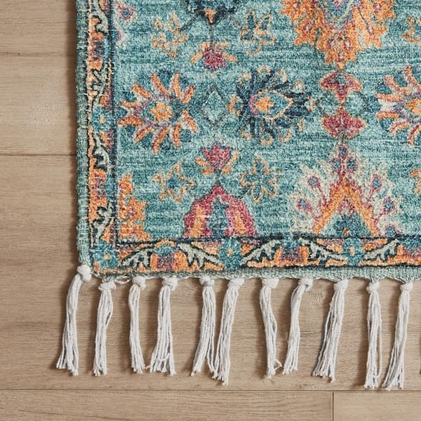 Chinille Fringe Machine Washable Teal 2 ft. x 4 ft. Floral Accent Area Rug