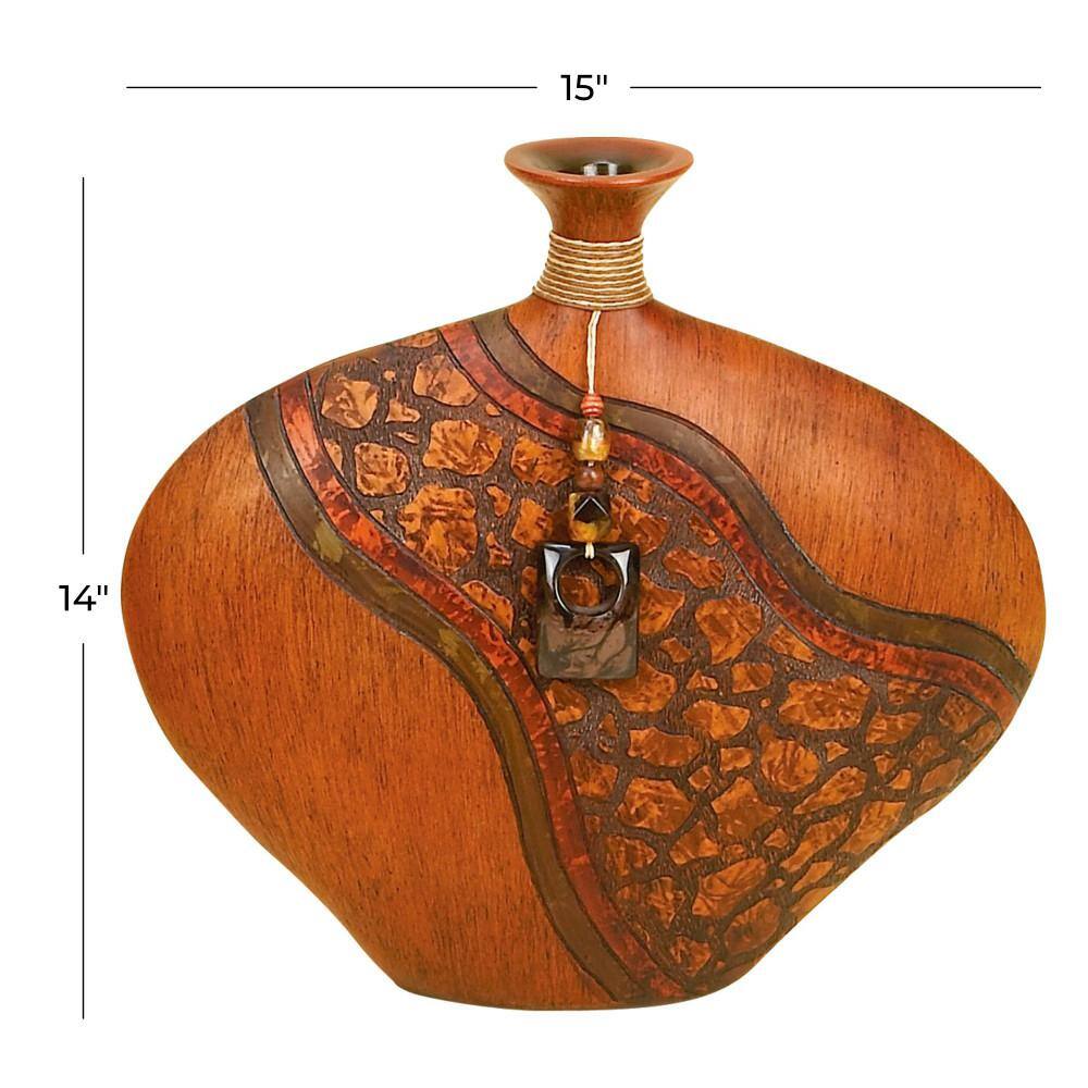 14" Cognac Brown Polystone Vase with Carved Abstract Designs