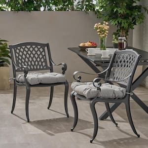 Cayman Antique Matte Black Removable Cushions Aluminum Outdoor Dining Chair with Charcoal Cushion (2-Pack)