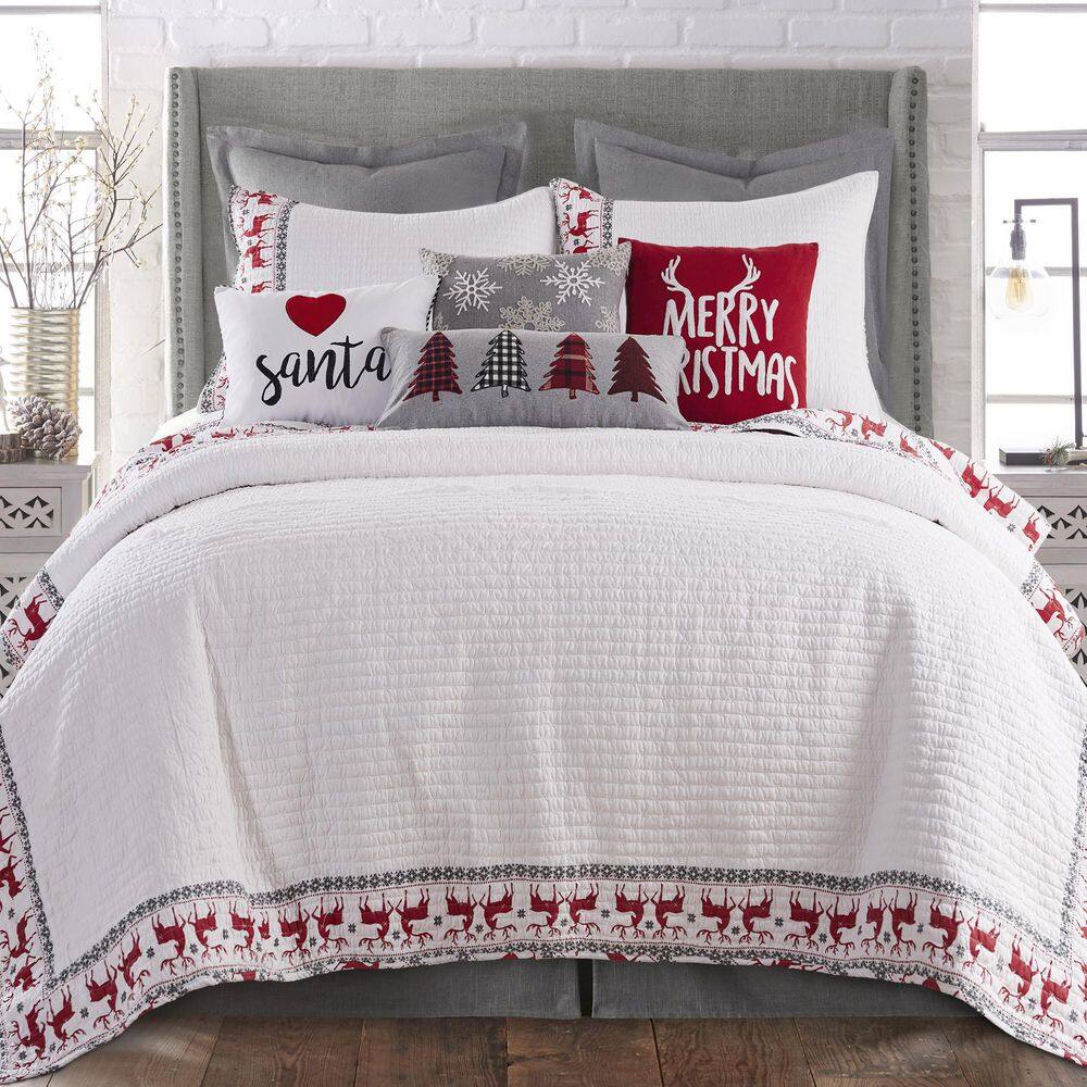 White and Red Embroidered Santa Heart Holiday Pillow