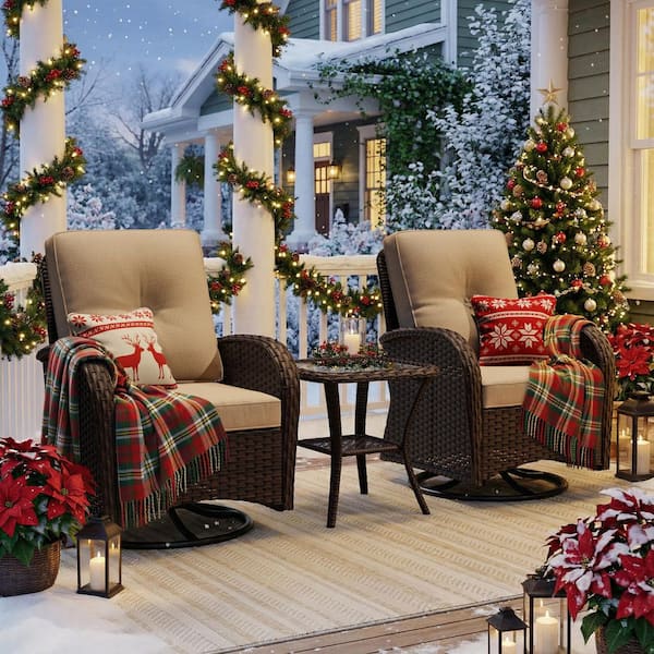 3-Pcs Dark Brown Wicker Outdoor Rocking Chair Patio Conversation Set Swivel Chairs with Beige Cushions and Table