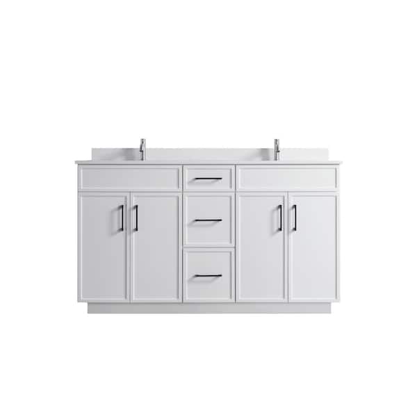 VSC 60in. W x 22in. D x 35in. H Double Sink Freestanding Bath Vanity in White with White Cultured Marble Top