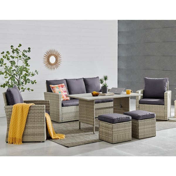 Barton 6 Piece Wicker Rattan Outdoor, Outdoor Patio Sectional With Dining Table