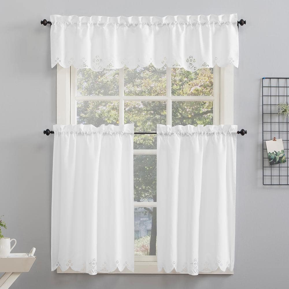 Mariela White Floral Trim Semi-Sheer Kitchen Curtain Set