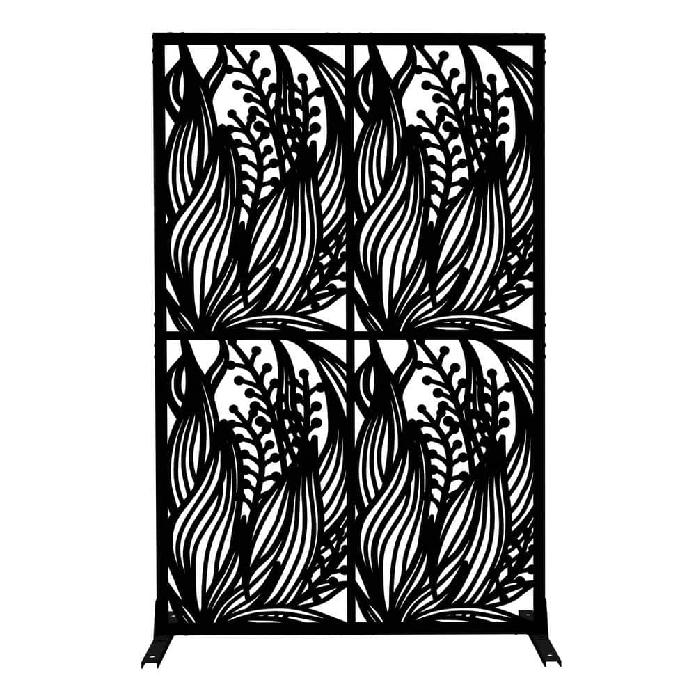3.80 ft. x 6.0 ft. Black Leaf Shape Iron Free Standing Decorative Privacy S