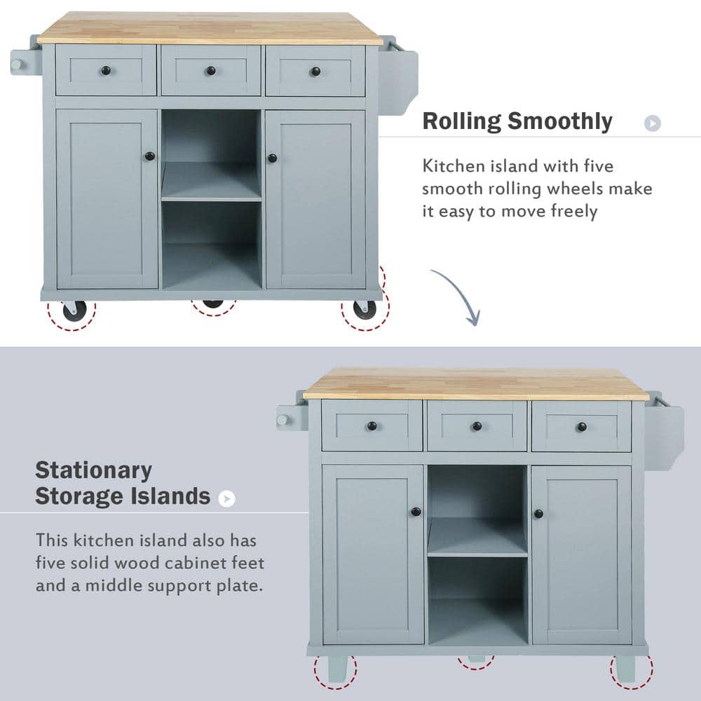 Blue Rubber Wood Kitchen Island with Drop-Leaf Countertop and Storage