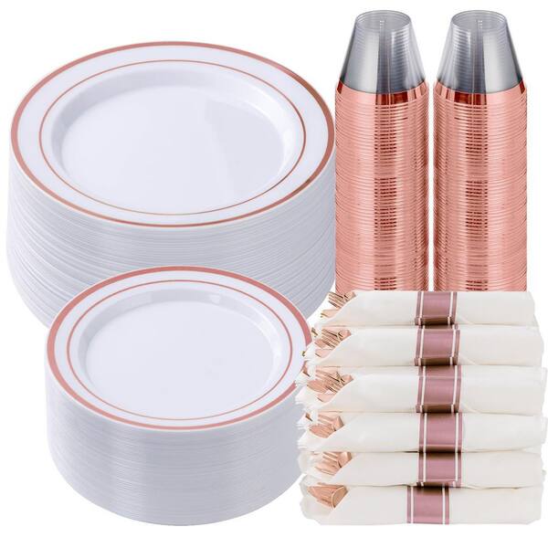 350 Piece Rose Gold Plastic Dinnerware Set with 50 Dinner Plates, Dessert Plates, Napkins, Silverware