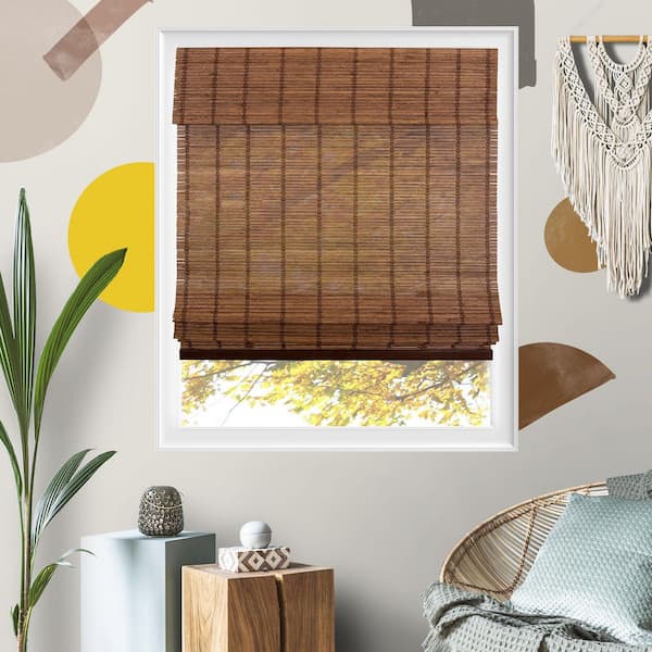 27 in. W x 64 in. L Natural Woven Cordless Light Filtering Bamboo Roman Shades for Window, Coffee