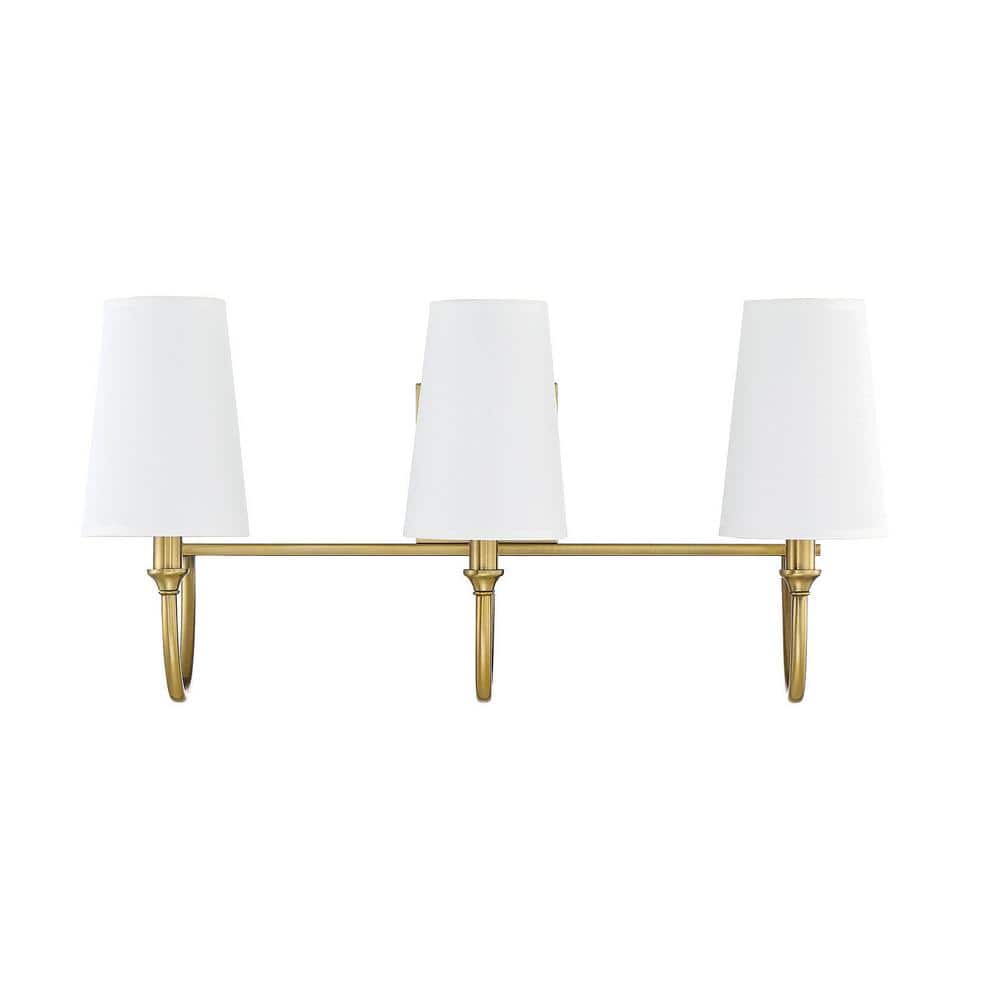 Warm Brass 12" Tall Curved Arm Vanity Light with White Fabric Shades