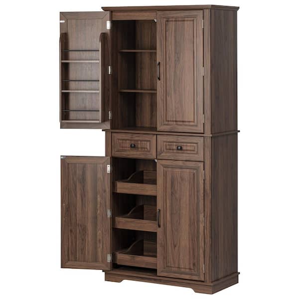 71.2 in. Tall Brown Kitchen Pantry Cabinet Sideboard with 3 Pull Out Cabinet Organizers, 6 Door Shelves, 2 Drawers