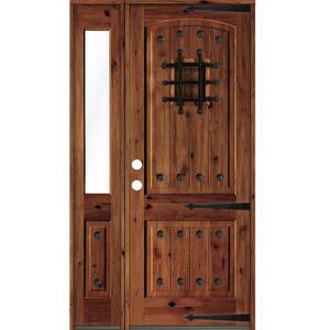 56 in. x 96 in. Mediterranean Knotty Alder Right-Hand/Inswing Clear Glass Red Chestnut Stain Wood Prehung Front Door