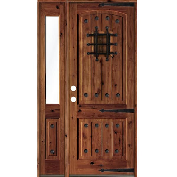 Krosswood Doors 62 in. x 96 in. Mediterranean Knotty Alder Right-Hand/Inswing Clear Glass Red Chestnut Stain Wood Prehung Front Door