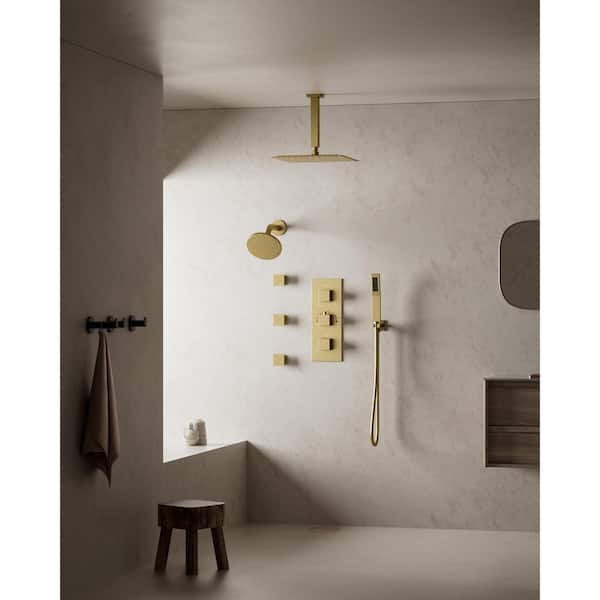 Thermostatic Valve 8-Spray 12 in. and 6 in. Ceiling Mount Dual Shower Head and Handheld Shower in Brushed Gold