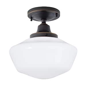 Schoolhouse 10 in. 1-Light Oil Rubbed Flush Mount With Opal Glass