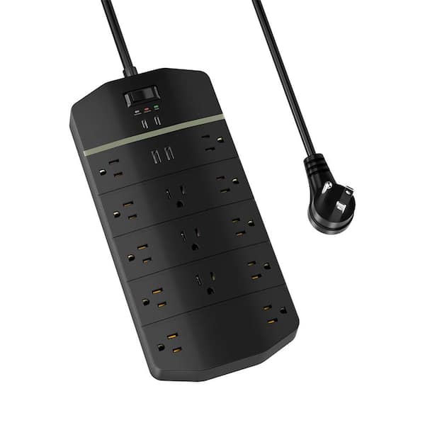 13-Outlet Power Strip Surge Protector with 2 USB-C PD 20W and 2 USB-A, 10 ft. Flat Plug Cord and Wall Mountable, Black
