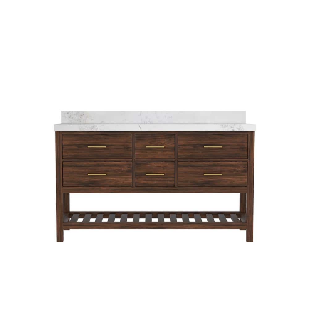Parket Teak 60 in. W x 22 in. D x 36 in. H Double Sink Bath Vanity in Dark Walnut with Calacatta Nuvo Quartz Top price history on PriceWatchPro