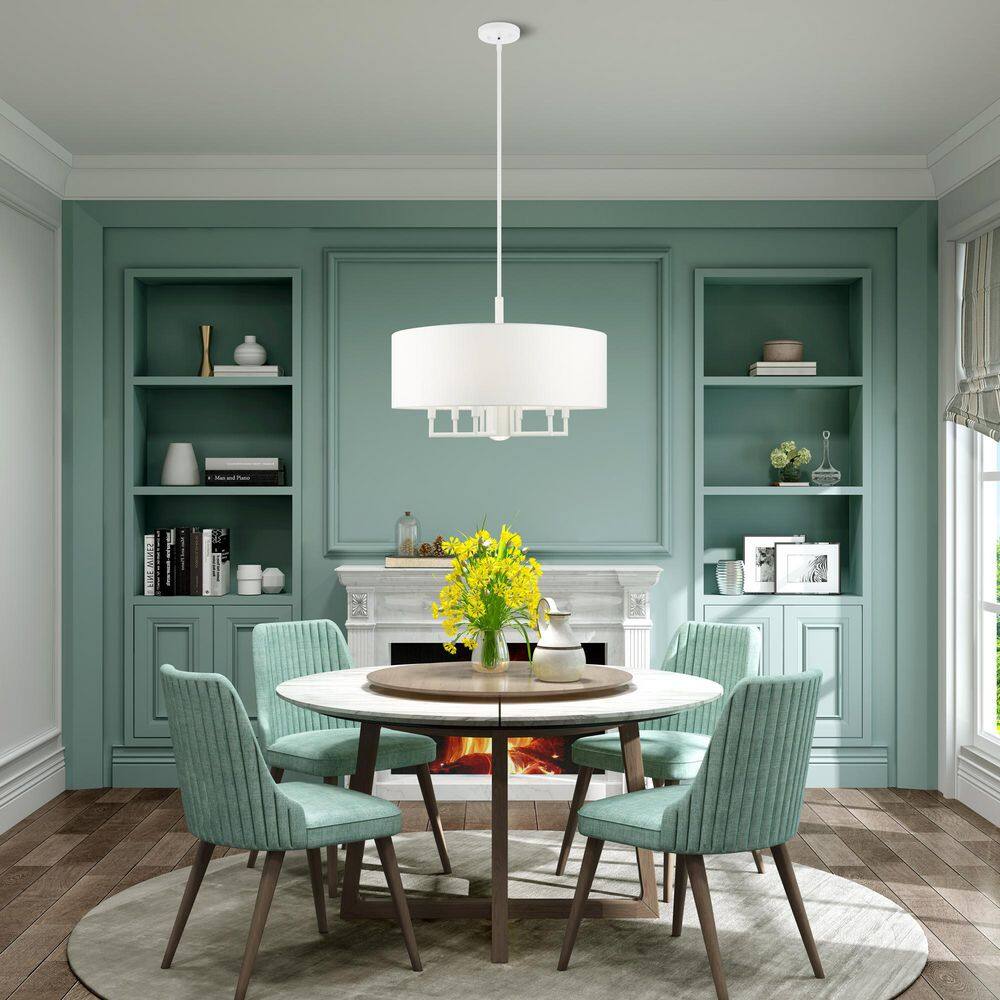 Meridian 7-Light White Fabric Drum Pendant Chandelier