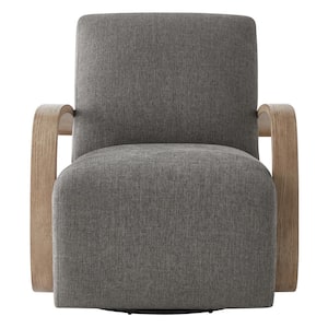 Ella Fossil Grey Fabric Swivel Accent Chair with Grey Solid Wood Arm Modern Armchair for Living Room or Bedroom