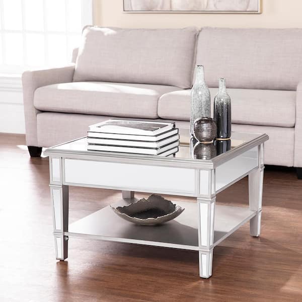 Silver Medium Square Glass Coffee Table, Mirrored Wood Glass Coffee Table