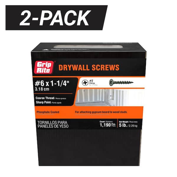 2-Pack 6 x 1-1/4 in. 2 Phillips Bugle Head Coarse Thread Sharp Point Drywall Screws (10 lb./2,380-Piece)