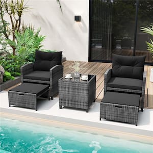 Gray Metal Rattan Patio Conversation Set with Black Cushions