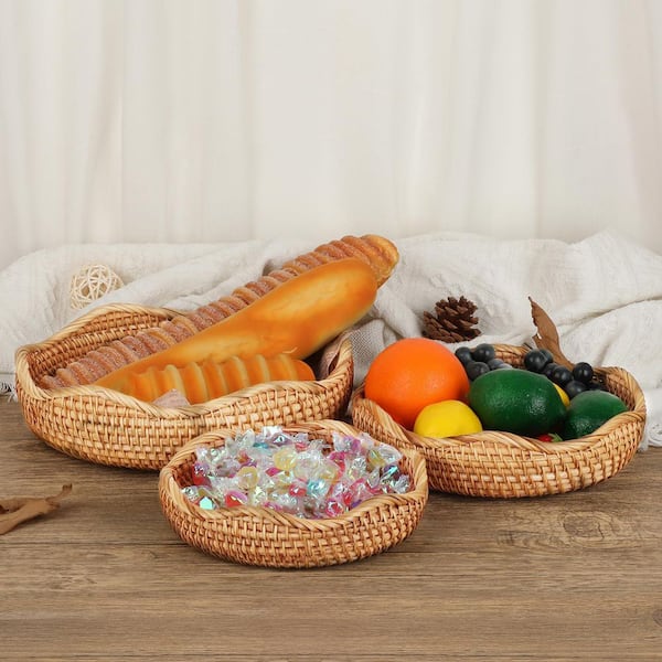 1-Piece 10 in. Natural Rattan Fruit Bowl, Hand Woven Basket Tray for Bread, Fruit, Key, Decorative Baskets Bowl