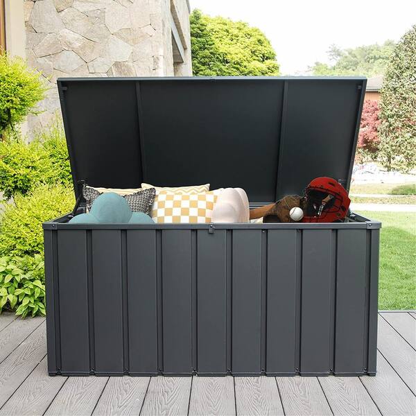 BTMWAY - 150 Gal. Dark Gray Metal Outdoor Storage Deck Box Storage Box Waterproof with Hydraulic Rod, Caster, Slight Slope Design