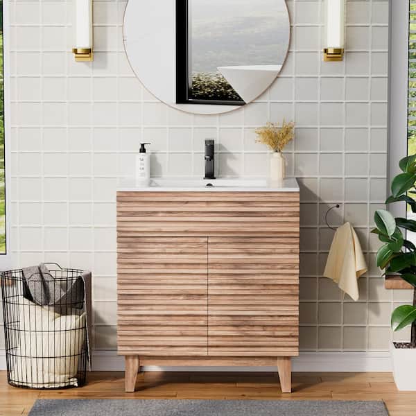 eclife Single Sink Bath Vanity in Oak with White 30 in. W x 17.7 in. D x 33.5 in. H Ceramic Top and Drain Faucet Set