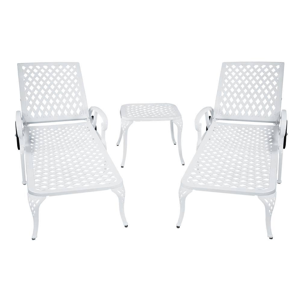 White Reclining Aluminum Outdoor Chaise Lounge Arm Chairs with Adjustable Wheels and Table (2-Pack) price history on PriceWatchPro