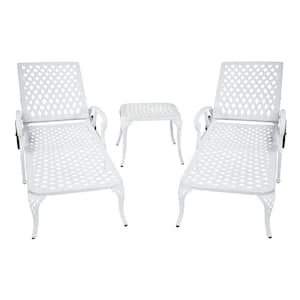 White Reclining Aluminum Outdoor Chaise Lounge Arm Chairs with Adjustable Wheels and Table (2-Pack)
