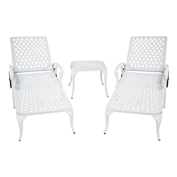 White Reclining Aluminum Outdoor Chaise Lounge Arm Chairs with Adjustable Wheels and Table (2-Pack)