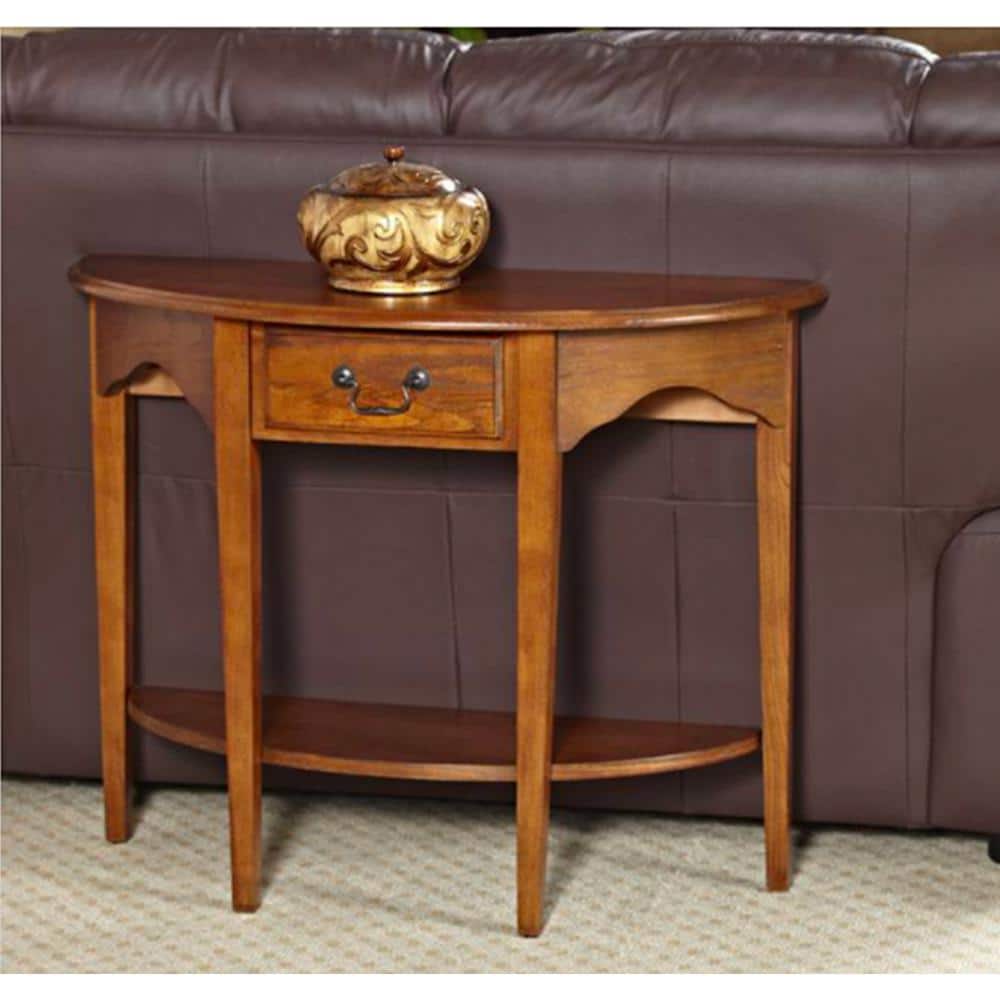 Medium Oak Demilune Console Table with Drawer and Shelf
