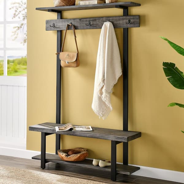 Alaterre Furniture Pomona Slate Gray Wood Entryway Hall Tree with Bench, Shelves and Coat Hooks